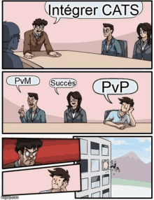 a group of people sitting around a table with speech bubbles that say integrer cats pvm succes and pvp