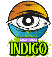 a logo for chatroom indigo with a colorful eye in the center