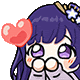 a cartoon girl with purple hair is holding a red heart in her mouth .