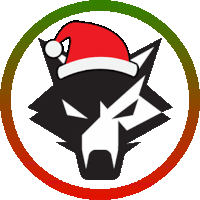 a black wolf wearing a red santa hat in a circle