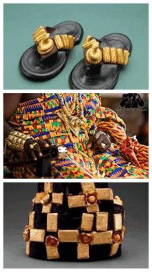 a collage of three pictures shows a man wearing a crown sandals and jewelry