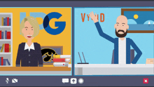 a man and a woman are having a video call with the letters g and v visible in the background