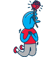 a cartoon character is kneeling down holding a red rose