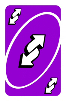 a purple uno card with two white arrows pointing in opposite directions on a white background .