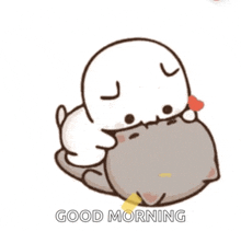 a cartoon of a cat laying on top of another cat with the words `` good morning '' written on it .