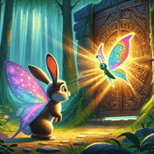 a rabbit with fairy wings is looking at a butterfly in front of a door that says ' labyrinth '