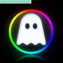 a ghost is in a rainbow circle on a dark background .