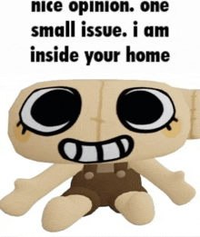 a stuffed toy with the words nice opinion one small issue i am inside your home