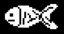 a black and white pixel art of a fish 's skeleton