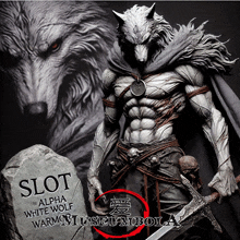 a statue of an alpha white wolf holding a sword and a skull