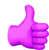 a purple hand is giving a thumbs up sign on a white background .