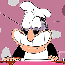 a cartoon character with a chef 's hat on is smiling