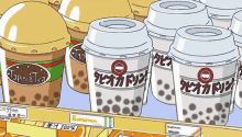 a cartoon illustration of a shelf filled with cups of tapioca tea .