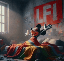 mickey mouse laying on a bed in front of a sign that says lef