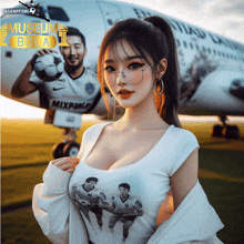 a woman stands in front of an airplane with the words museum bola on it