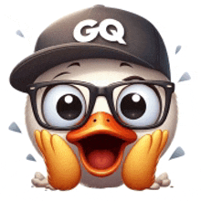 a duck wearing glasses and a hat with the word gq on it