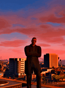 a man in a suit and sunglasses stands in front of a city skyline at sunset