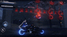 a woman is riding a motorcycle in a video game with a glowing wheel .