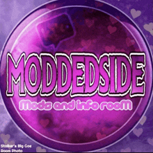 a logo for moddedside mods and info room with hearts in the background