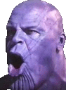 a close up of a purple man 's face with his mouth open on a white background .