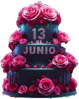 a birthday cake with pink roses and the date 13 de junio