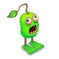 a green cartoon monster with a leaf on its head and feet