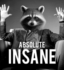 a black and white photo of a raccoon with the words absolute insane written on it