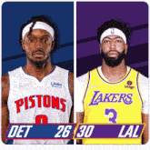 a pistons player and a lakers player on a blue and purple background