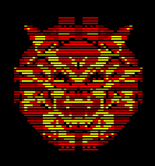 a black background with red and yellow lines that looks like a devil