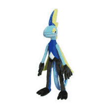 a stuffed animal of a blue and yellow lizard with a mohawk is standing on a white background .