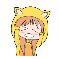 a cartoon girl wearing a yellow hoodie with cat ears is covering her ears with her hands .