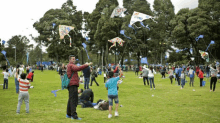 a group of people are flying kites in a field and one of the kites has the word victoria on it