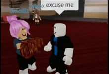 two roblox characters are standing next to each other and one has a speech bubble that says " excuse me "