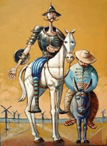 a painting of a man riding a horse next to a donkey and a man riding a donkey .