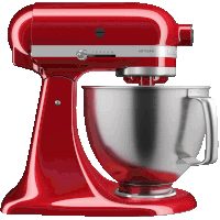 a red kitchenaid mixer with a metal bowl