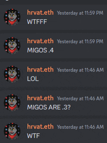 a screenshot of a chat between hrvat.eth and migos.4