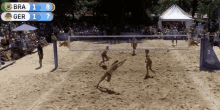 a volleyball game is being played on a beach and the scoreboard shows bra 1 8 and ger 1 7