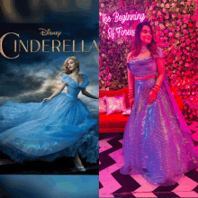 a woman in a blue dress is standing next to a poster for cinderella