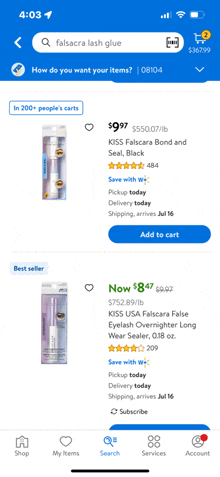 a screenshot of a walmart app showing a lash glue for $ 9.97