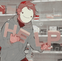 a drawing of a person with a mask holding the word help