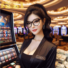 a woman in a black robe with the word casino on her chest