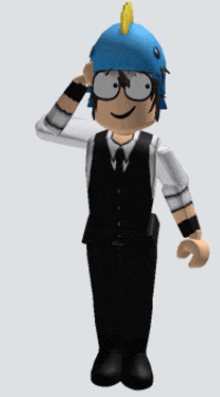 a cartoon character wearing a blue helmet and black vest