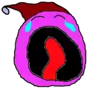 a cartoon drawing of a pink smiley face with a santa hat on .