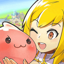 a girl with blonde hair is holding a pink stuffed animal with a face on it