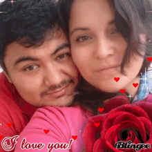 a man and a woman are posing for a picture with the words " i love you " below them