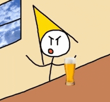 a stick figure with a party hat is holding a glass of beer .