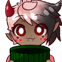 a cartoon girl with horns is holding a green container