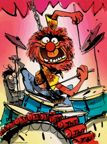 a cartoon drawing of a muppet playing drums with the website disneybymark.com in the bottom right corner