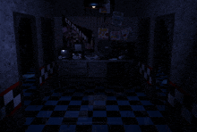 a dark hallway with a checkered floor and a sign on the wall that says freddy 's