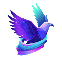 an eagle with purple and blue wings is wrapped in a blue cloth